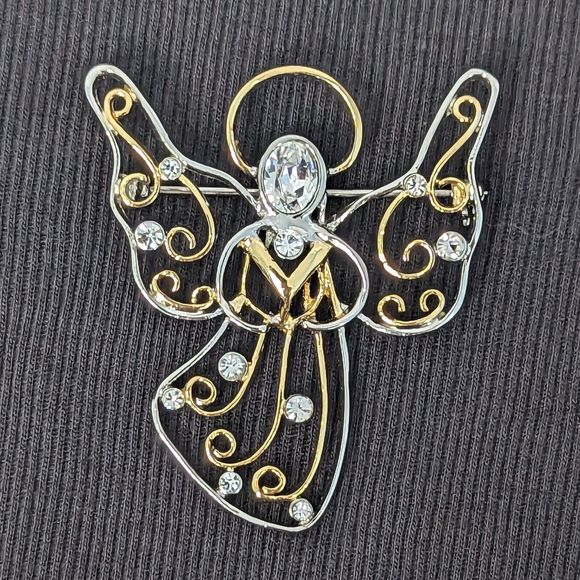 Eisenberg Ice Signed Silver Tone and Gold Tone Rhinestone Angel Brooch Pin - Picture 1 of 10